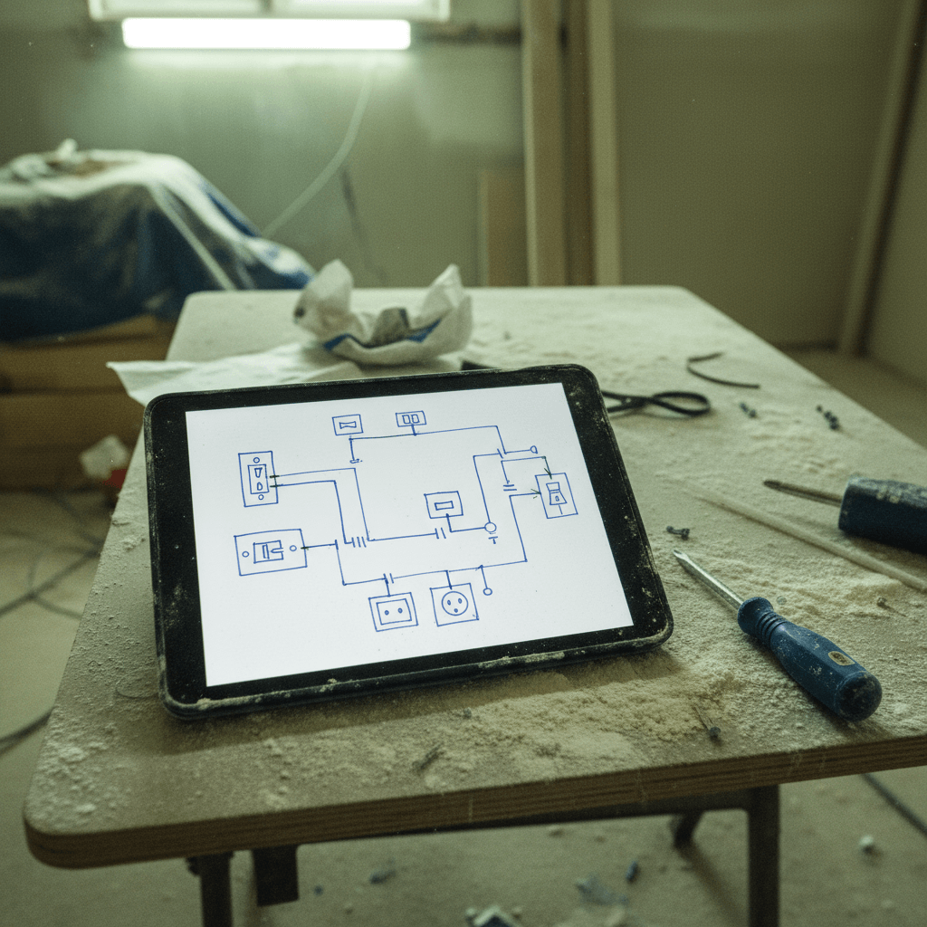 Planungsskizze für Elektroinstallation auf einem Tablet.