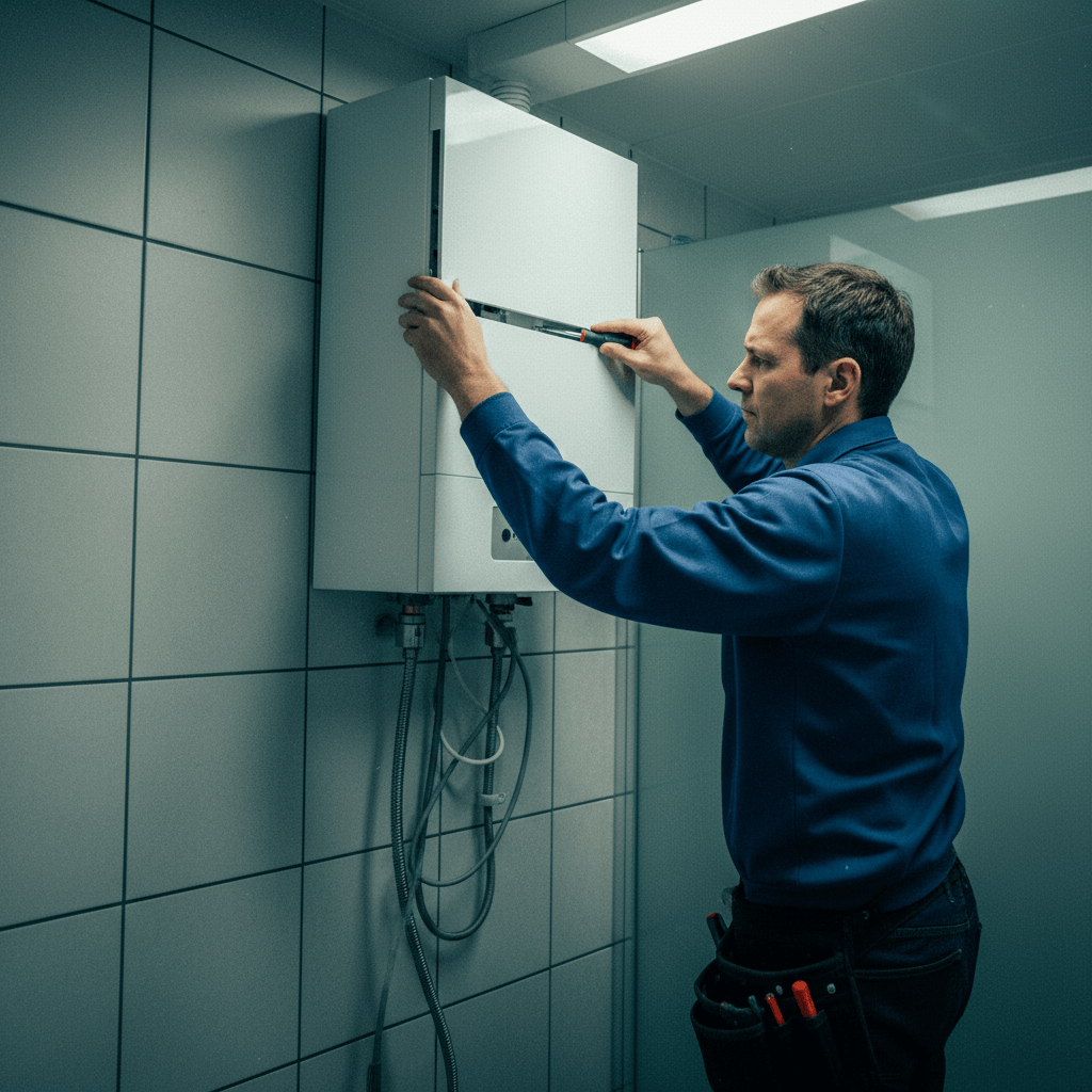 Sicherheitsüberprüfung eines Durchlauferhitzers im Badezimmer.