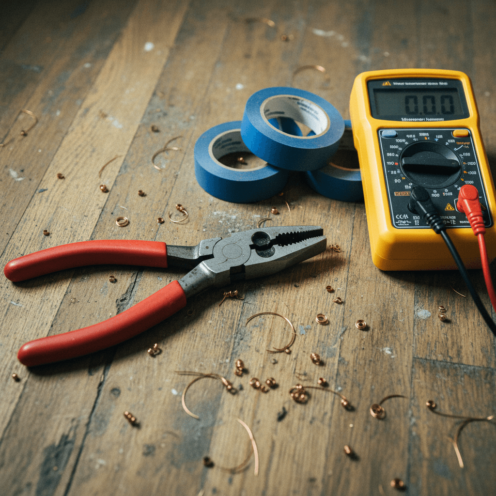 Moderne Werkzeuge im Einsatz durch einen Elektriker, Nahaufnahme von Kabelverbindungen und Messgeräten.