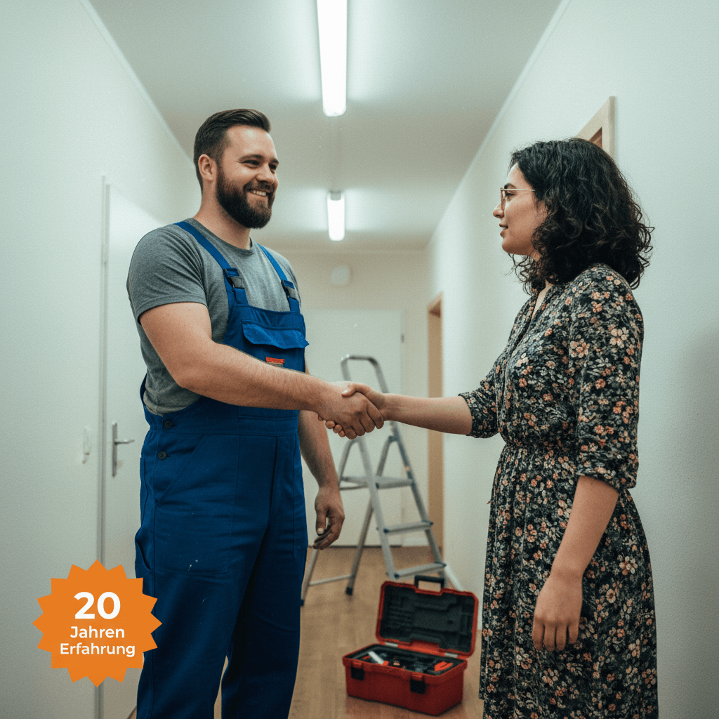 Freundlicher Techniker bei der Begrüßung eines Kunden mit Handschlag, Fokus auf Vertrauen.