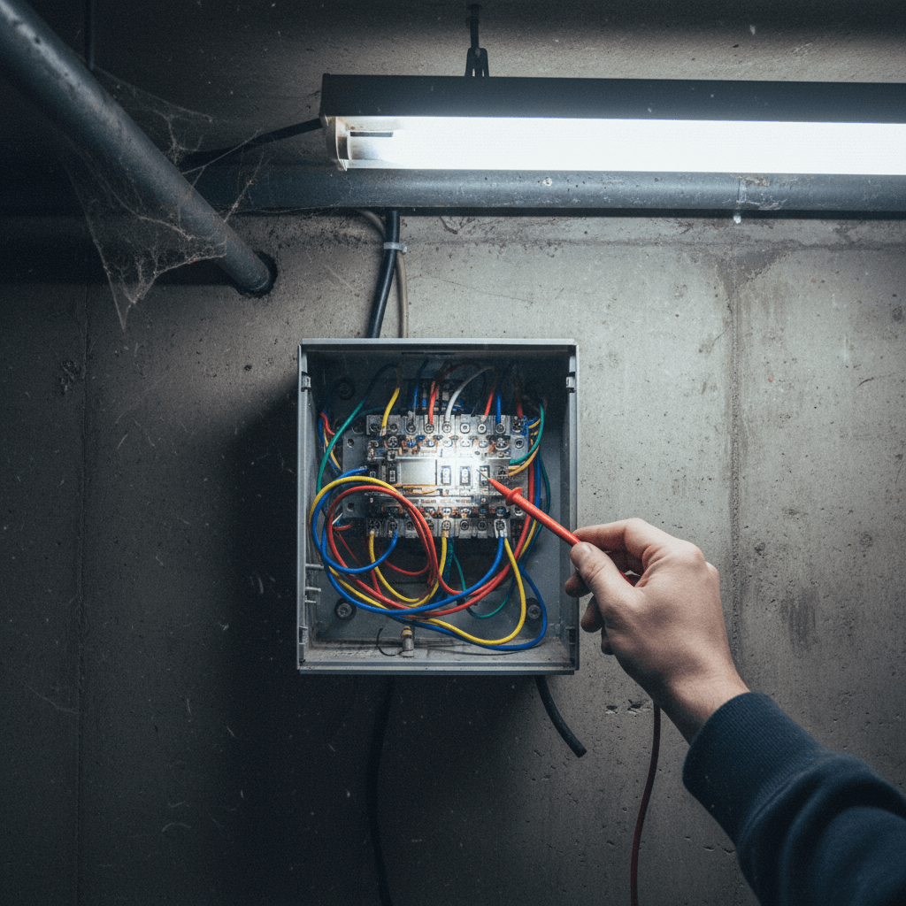 Fachmann prüft Schaltkasten mit digitalem Messgerät.