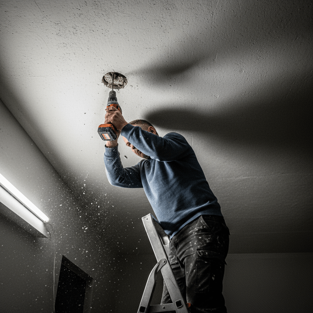 Installation einer neuen Deckenleuchte mit Bohrmaschine.